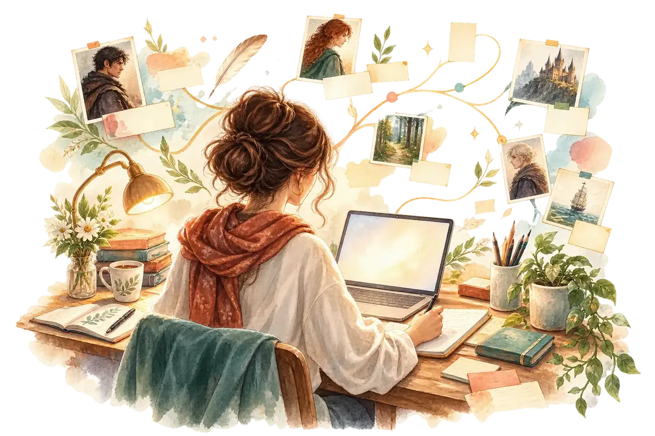 A creator writing at a desk with story and character notes around a laptop