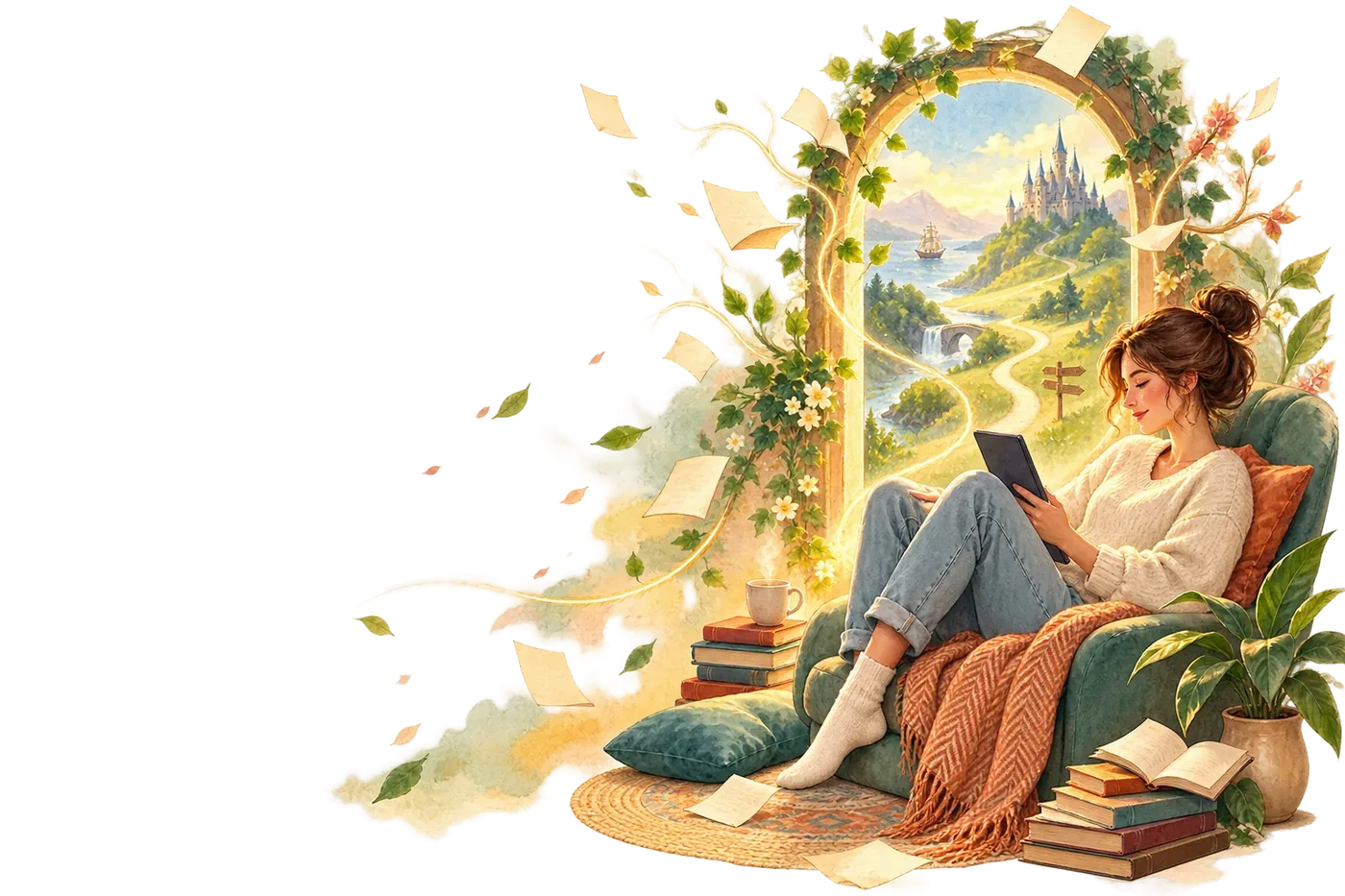A reader relaxing with an e-reader in front of an illustrated fantasy castle landscape